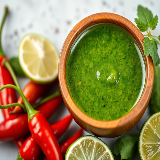 close-up shot of a vibrant green chili sauce in a wooden bowl, with fresh red chilies and lime slices around, soft diffuse lighting, 50mm lens, f/2.8, ISO 200, shallow depth of field, DSLR camera