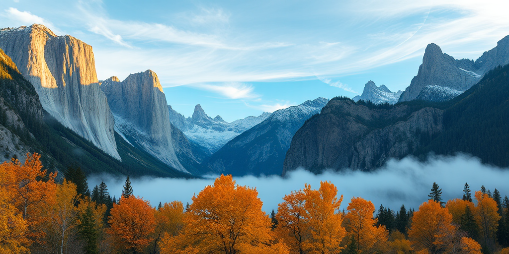 Create a serene landscape featuring majestic jagged mountains in the background, with a misty valley below and vibrant autumn trees in the foreground, captured with a Canon EOS R5, 24mm lens, f/8 aperture, ISO 100, using a wide-angle view for depth and clarity.