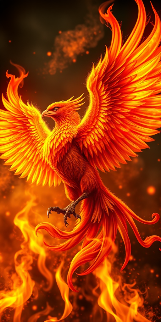 Generate a high-resolution digital illustration of a mythical phoenix rising from flames, captured with a Canon EOS R5, 50mm lens, aperture f/1.8, ISO 100, in vibrant colors and dynamic lighting, with a focus on intricate feather details and fiery effects.