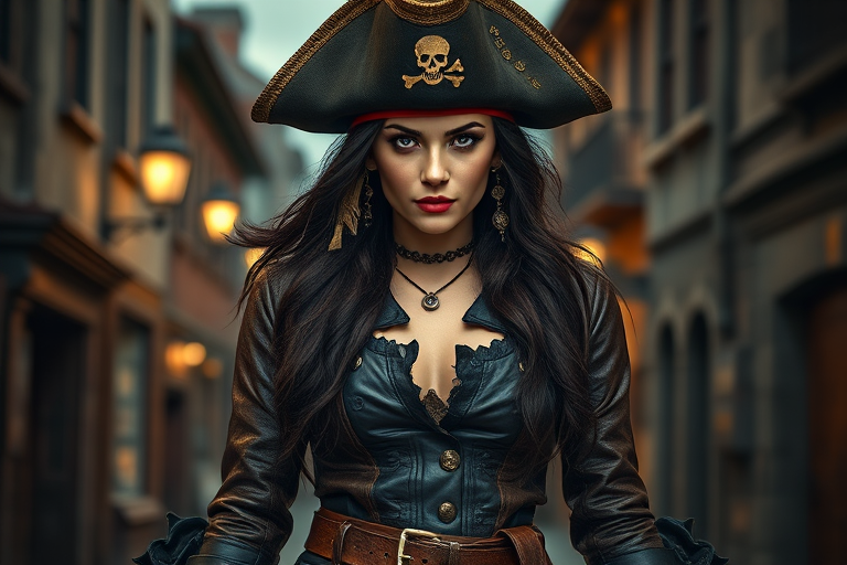 Create a portrait of a fierce female pirate. She wears a leather tricorn hat adorned with a skull and crossbones emblem, and her long, dark hair flows around her face. Her outfit consists of a richly detailed leather jacket, a corset, and multiple layers of belts and accessories, giving her a formidable and stylish appearance. She stands confidently in a dimly lit, historic port town, with a backdrop of weathered buildings and cobblestone streets, capturing the adventurous spirit of a pirate.