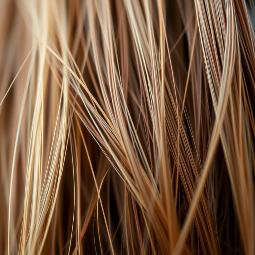 macro shot of strands of brown and blonde hair focusing on texture and color variation, aperture f/2.8, 50mm lens, ISO 100, natural lighting, shallow depth of field, DSLR camera