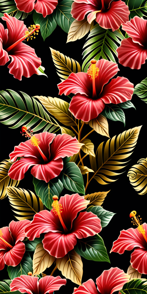 Vibrant Tropical Hibiscus Flowers with Lush Green Leaves on Dark Background