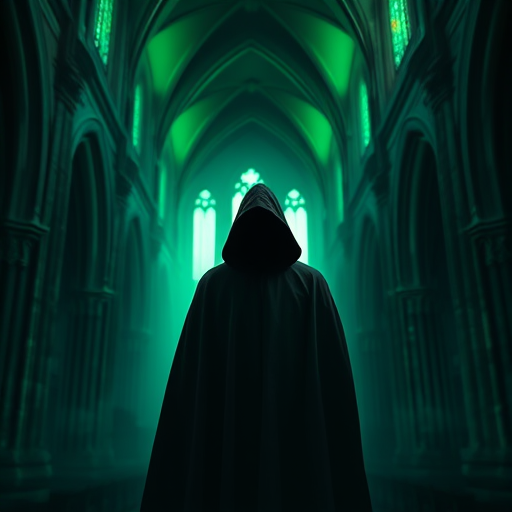 Create a mysterious figure in a black hooded cloak standing in a mystical green-lit gothic cathedral, with soft ethereal lighting and a shallow depth of field, using a DSLR camera at f/1.8, ISO 200, and shutter speed 1/60 seconds.