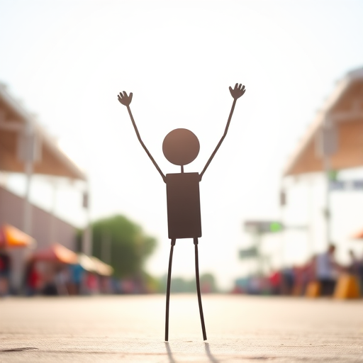 Create an illustration of a stick figure with arms raised in victory, in a bright outdoor setting, shot with a 50mm lens, f/2.8 aperture, ISO 100, natural sunlight, and focus on the figure to enhance clarity and vibrancy.