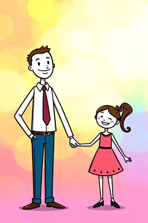 Create a vibrant cartoon-style illustration of a tall, happy stick figure man holding hands with a cheerful stick figure girl, using a colorful background that enhances the characters, shot in a 50mm lens with f/2.8 aperture, soft focus on the background, bright natural lighting.