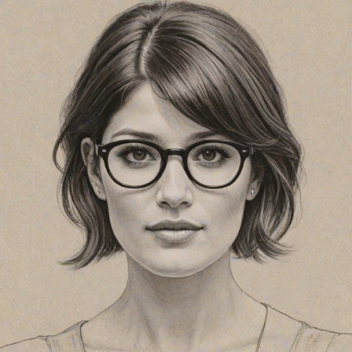 Delightful Gemma Arterton, pencil sketch, portrait of Appealing woman 1923s in glasses, hair style beatnik, outline, clear lines, fine lines, 8k