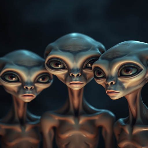 Create a high-resolution image of three humanoid aliens with smooth, pale skin and large, expressive eyes, set against a dark, misty background with ethereal lighting, using a DSLR camera at f/2.8, ISO 100, 50mm lens, shot in portrait style with a shallow depth of field to enhance focus on the subjects.