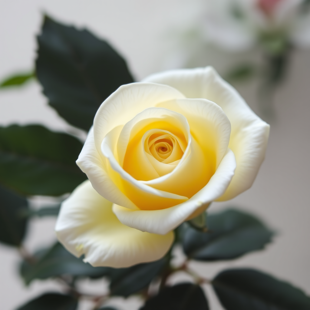 a close-up of a white rose with a hint of yellow at its center, surrounded by dark green leaves and a soft, blurred background