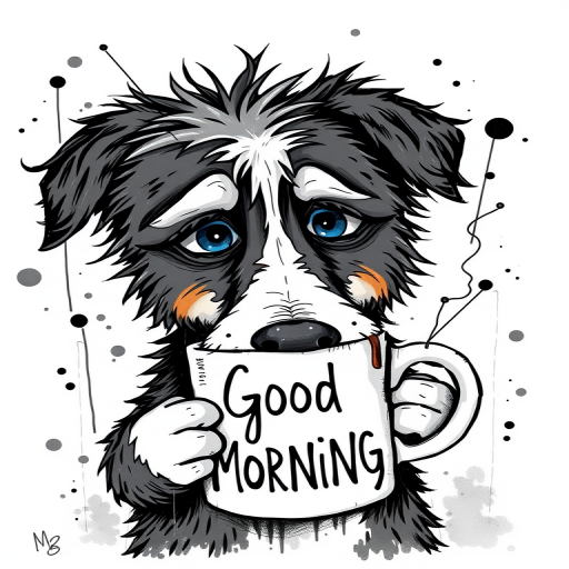 A quirky, artistic illustration of a disheveled greater swiss mountain dog with exaggerated, large eyes and spiky fur, holding a coffee mug that reads "Good Morning". The dog has a tired but humorous expression, with ink splatters and abstract details surrounding it, giving a whimsical feel to the image. The color palette is mostly monochrome with hints of blue in the eyes and steam rising from the mug, enhancing the overall sleepy vibe