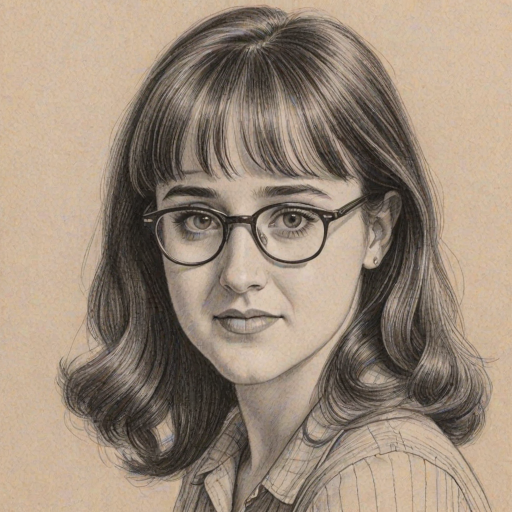 Ravishing Mara Wilson, pencil sketch, portrait of Fascinating woman 1941s in glasses, hair style beatnik, outline, clear lines, fine lines, 8k
