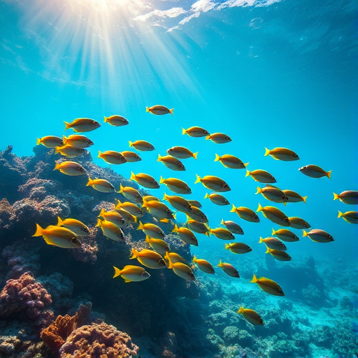 Vibrant underwater scene, showcasing a school of tropical fish swimming around a coral reef, with sunlight filtering through the water’s surface, creating a magical play of light and shadow.