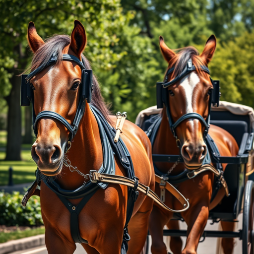 Create a high-resolution image of two draft horses pulling a carriage, focusing on their detailed features and harness, capturing the lush park background in bright daylight, using a DSLR camera at f/4, ISO 200, 1/200 sec, with a wide-angle lens.