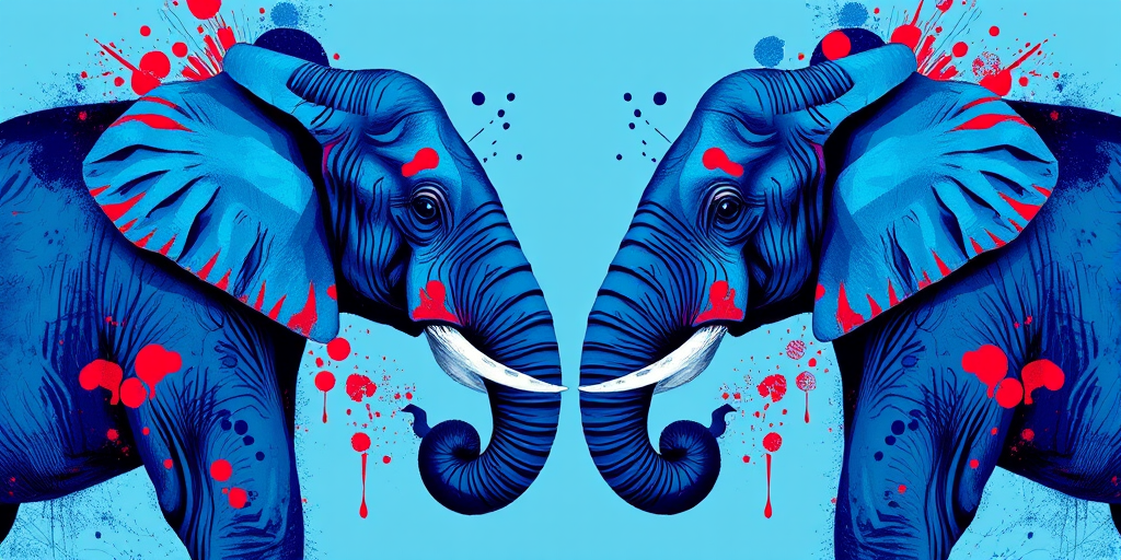 Create a vibrant digital painting of two stylized elephants facing one another, emphasizing bold blue hues with splashes of red and purple, captured using a DSLR camera with a 50mm lens, f/1.8 aperture, ISO 100, in a top-down view, with high saturation and sharp focus to enhance detail and color vibrancy.