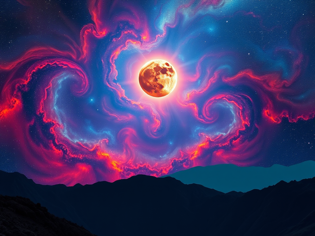Create a vibrant cosmic landscape featuring a blood moon eclipsing a distant planet, surrounded by swirling galaxies and stars, with a mountainous terrain in the foreground, captured using a DSLR camera with a 24mm lens at f/8, ISO 100, and a shutter speed of 1/50 seconds, high dynamic range photography for enhanced colors and details.