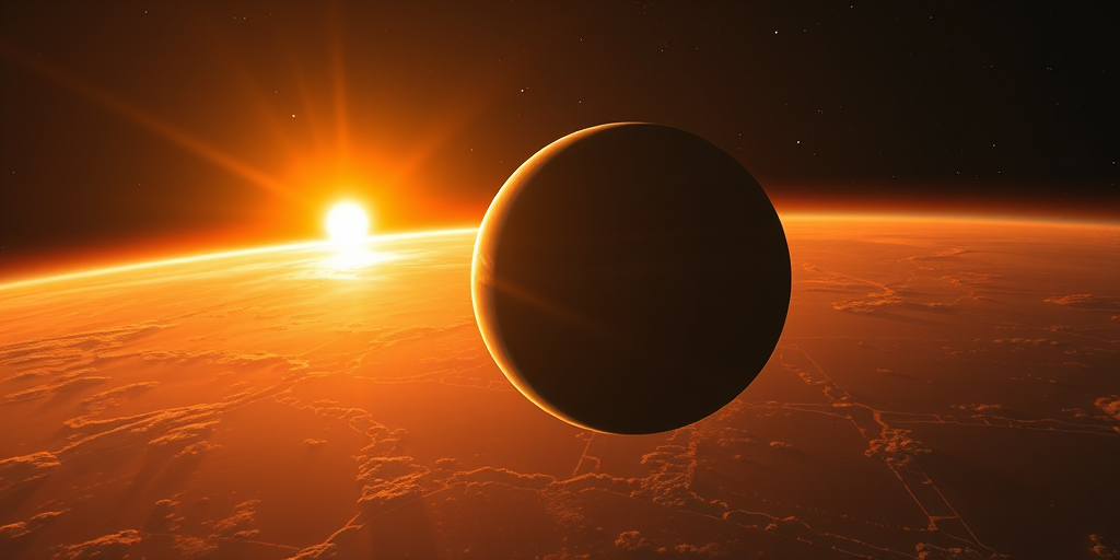 A stunning view of a distant planet with warm orange hues and a bright sun shining in the background, captured with a DSLR camera, 50mm lens, f/2.8 aperture, ISO 100, 1/250 sec shutter speed, wide-angle perspective, high dynamic range for enhanced details in the atmosphere.