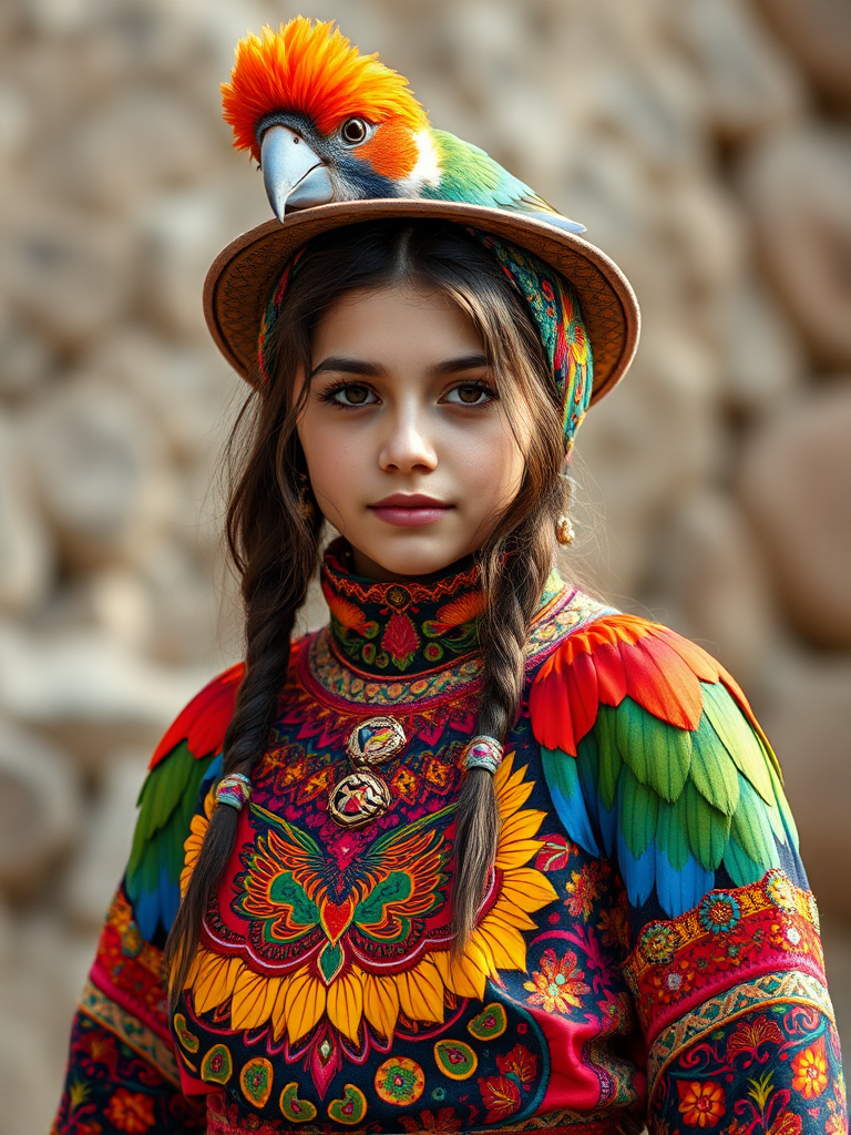 A beautiful Turkish girl, wearing colorful bird clothing with vibrant colors
