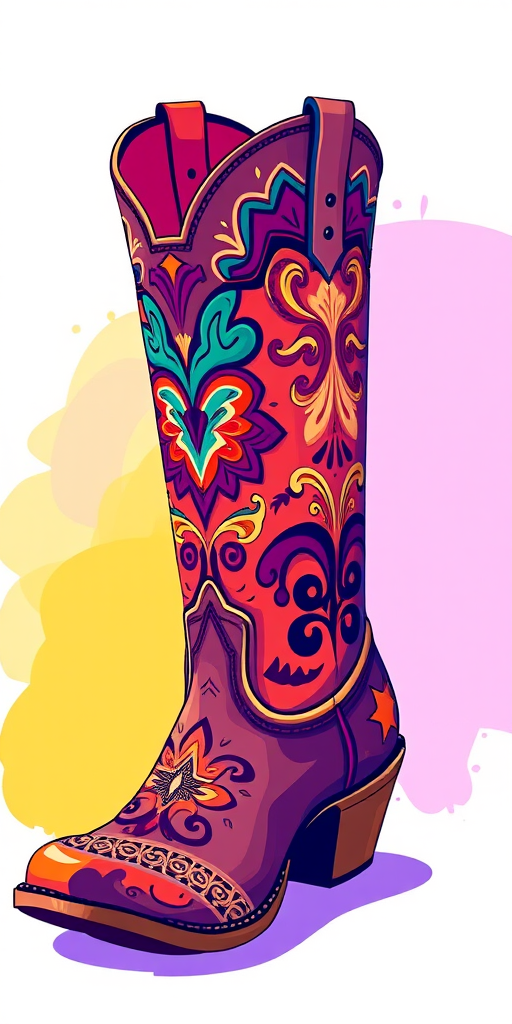 Create an illustration of a cowboy boot with intricate designs in a vibrant color palette, using a DSLR camera with a 50mm lens, aperture set to f/2.8, ISO 100, shot in natural light for enhanced detail and clarity.