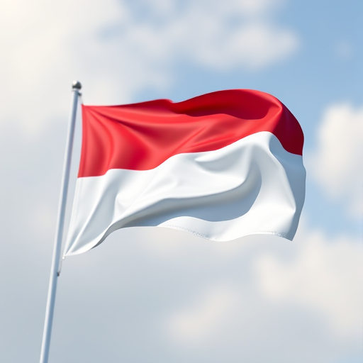 Create a high-resolution digital illustration of the Indonesian flag waving in a gentle breeze, captured with a DSLR camera at f/8, ISO 100, 50mm lens, with a slight bokeh effect in the background.