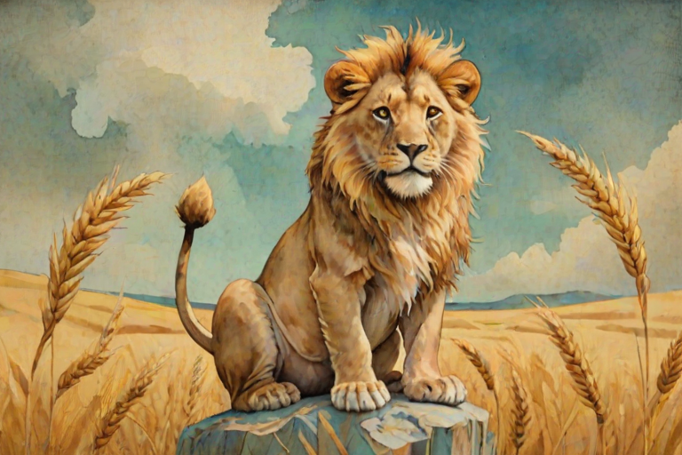 Soft, muted Alcohol Ink with ebru effect background image of tiny whimsical lion, who climbed high on the top of a golden rye ear.