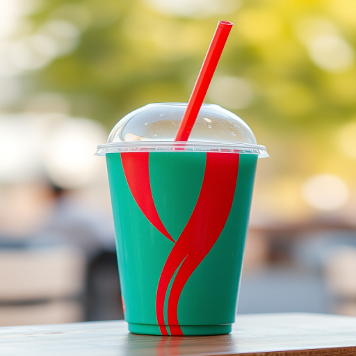 Create a high-resolution image of a colorful soda cup featuring a red stripe design and a red straw from a close-up angle, using a DSLR camera with a 50mm lens, aperture f/2.8, ISO 100, and natural lighting for enhanced clarity and vibrancy.