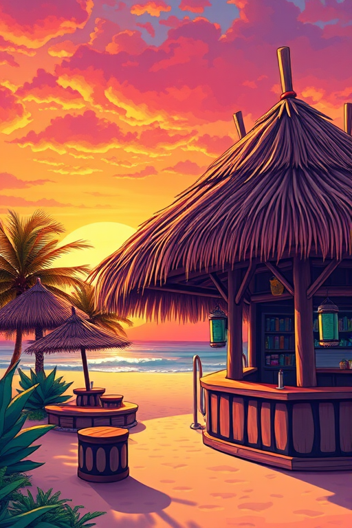 generate a vibrant illustration of a straw-thatched tiki bar with a wooden structure, set in a tropical environment during sunset, camera settings 50mm lens f/8, ISO 100, shutter speed 1/125s, bright and colorful style, using a digital drawing tablet
