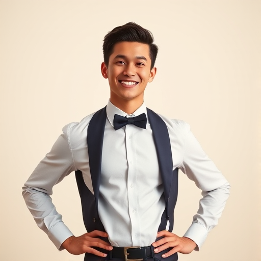 Create a high-resolution digital illustration of a smiling young man in formal attire, standing confidently with hands on hips, set against a soft light background, using a Canon EOS 5D Mark IV with an aperture of f/2.8, a shutter speed of 1/125 sec, and a focal length of 50mm, in portrait orientation.