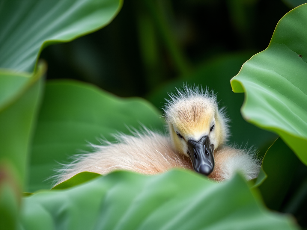 a close-up shot of a sleepy cygnet nestled in large green lotus leaves, soft focus background, natural light, aperture f/2.8, ISO 100, 50mm lens, macro photography