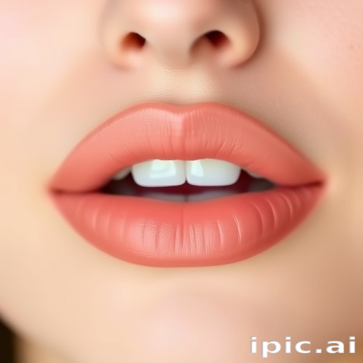 Soft peach matte lips with a subtle ombre effect, emphasizing natural contours and a delicate Cupid's bow, perfect for a fresh-faced daytime look