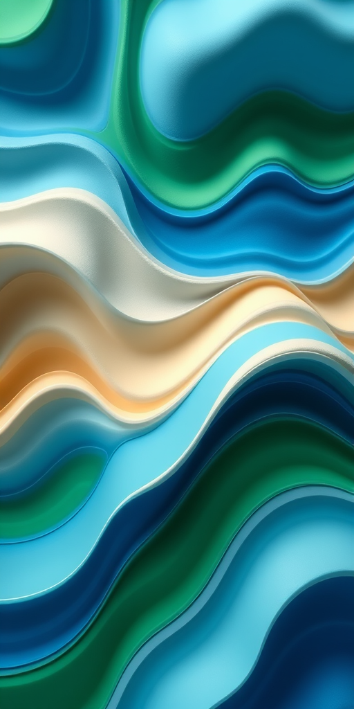 Create an abstract image with wavy stripes in vibrant shades of blue, green, and beige, using a Canon EOS R5, ISO 100, f/8, 1/125 sec, shot from a top-down view, in high-resolution digital art style.