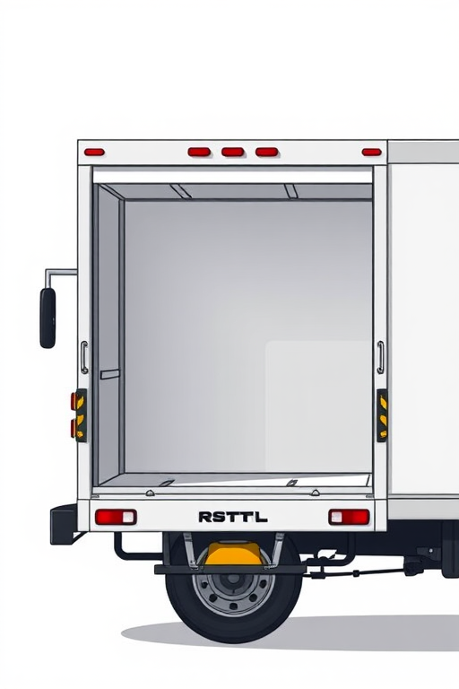 create a detailed illustration of a delivery truck with a blank cargo space, captured from a side view, using a DSLR camera at f/8 aperture, 50mm lens, ISO 100, and natural lighting to enhance image quality.