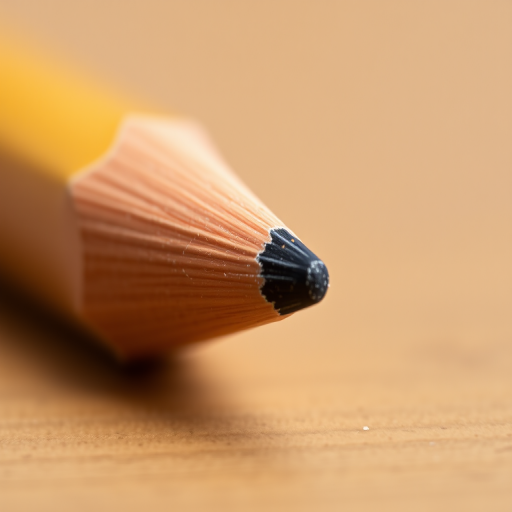 create a hyper-realistic image of a pencil with a sharpened end, high detail texture, focus on the wood grain and lead, background softly blurred, shot using a DSLR camera with a 50mm lens, aperture f/2.8, ISO 100, natural lighting