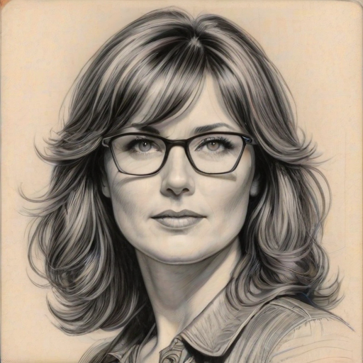 Enchanting Lucy Lawless, pencil sketch, portrait of Fascinating woman 1963s in glasses, hair style beatnik, outline, clear lines, fine lines, 8k