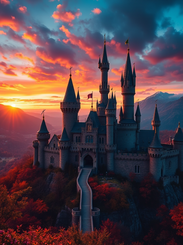 Create a vibrant fantasy castle scene at sunset with dramatic lighting and rich colors, using a Canon EOS R5, 24mm lens, f/8 aperture, ISO 100, and a wide-angle view to capture the entire castle and surrounding landscape in high detail.
