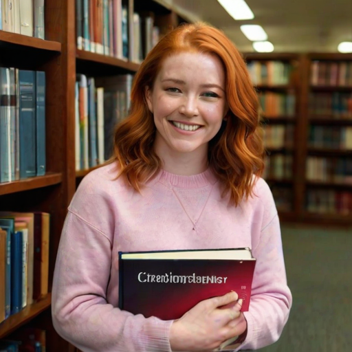 this is an image of a young women with shoulder length red hair, pink sweater, standing in a library, holding a stack of books, smiling