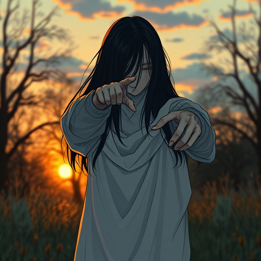 evening, sunset, natural lighting, faceless-humanoid focus, pointing, Dafaceless, long hair, black hair, no face, white_Dafaceless_cloth, 1faceless, intricately detailed illustration, depth of field, atmospheric perspective, horror (theme)