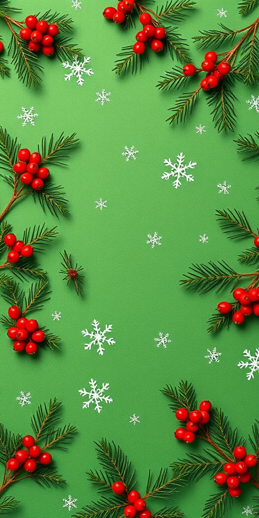 Create a seamless pattern of holiday-themed greenery with red berries and snowflakes on a green background, shot with a Canon EOS R5 at f/4, ISO 100, 50mm lens, overhead view, flat lay style.