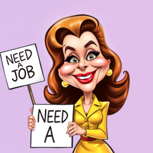 caricature of a smiling Rita Hayworth in a Yellow dress or suit, holding up a sign that says "NEED A JOB", no watermark,