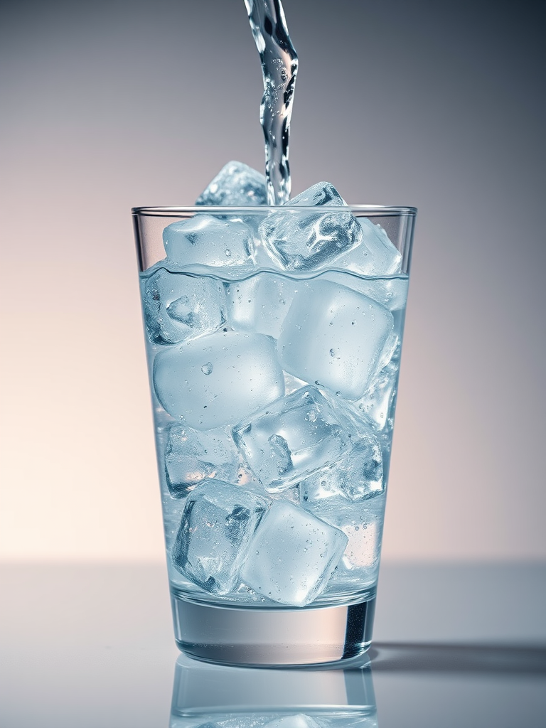 high-speed photography of a glass filled with water and ice cubes, pouring water from above, f/2.8 aperture, 1/1000s shutter speed, ISO 200, 85mm lens, macro view, DSLR camera
