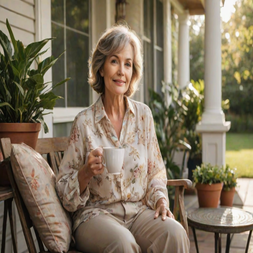 Warmly lit photo of a woman in her 50s, casually dressed in a stylish blouse, sitting on her porch surrounded by potted plants, sipping tea and enjoying a peaceful afternoon.