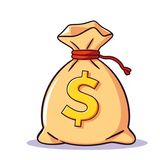 Illustration of a cartoon money bag with a dollar sign in a vibrant color scheme, captured using a DSLR camera at f/5.6 aperture, ISO 100, 50mm lens, with a shallow depth of field and soft lighting to enhance details.