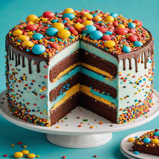 Generate an image of a multi-layered cake decorated with colorful sprinkles, chocolate pieces, and vibrant candies on top. The cake should be displayed on a white plate against a bright turquoise background.