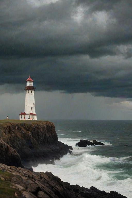 Sharp, detailed photo of a lighthouse standing tall against a stormy sky, soft light from the beacon cutting through the clouds, distant waves crashing against the rocky shore.