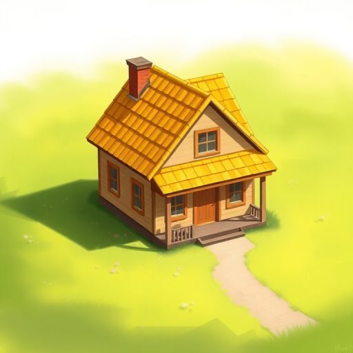 Create a detailed illustration of a small house with a yellow roof, situated on a green lawn, using a digital art style with a camera view from a slightly elevated angle, aperture set to f/5.6, focal length at 35mm, sharp focus on the house with a shallow depth of field to blur the background.