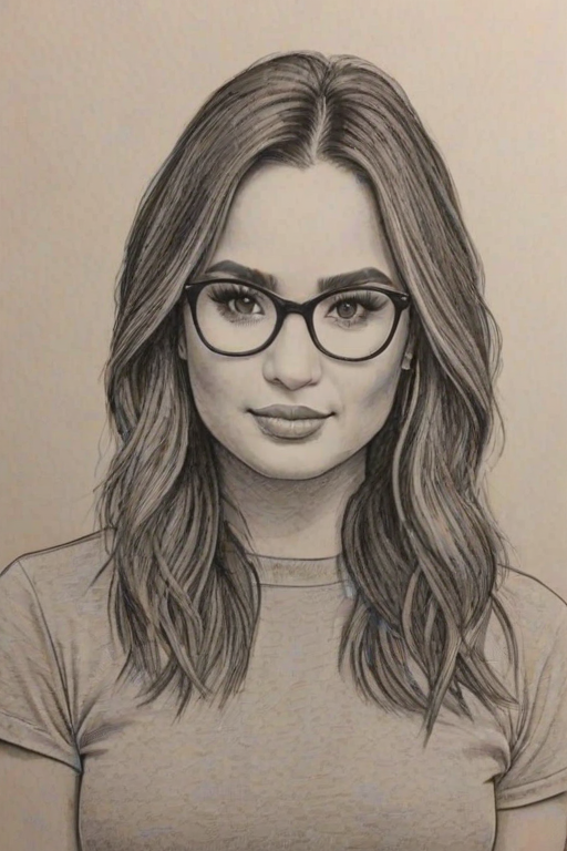Wonderful Demi Lovato, pencil sketch, portrait of Pleasing woman 1964s in glasses, hair style beatnik, outline, clear lines, fine lines, 8k