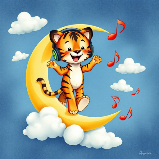 Create an illustration of a cheerful tiger wearing headphones, walking on a large crescent moon surrounded by fluffy clouds and flowing musical notes, using a digital watercolor style, with a 50mm lens, f/2.8 aperture, ISO 100, and a soft focus background for enhanced clarity.