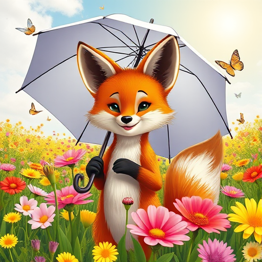 A cute cartoon fox holding an umbrella in a vibrant flower field with butterflies and a sunny sky, shot with a DSLR camera at f/2.8 aperture, ISO 100, and 1/200 sec shutter speed, using a wide-angle lens for a bright and colorful perspective.
