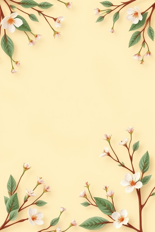 Create a seamless floral border on a light yellow background featuring delicate leaves and blossoms, capturing intricate details in high resolution, using a Canon EOS R5 with a 50mm f/1.2 lens at ISO 100, f/2.8, and a soft-focus background.