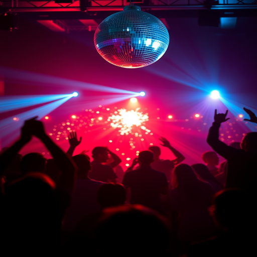 Generate an image of a silhouette dance party scene with a disco ball and sparkling lights, using a DSLR camera with a 50mm lens, aperture f/1.8, exposure time 1/100 sec, ISO 200, shot from eye level, capture in vibrant colors and high contrast for enhanced detail.