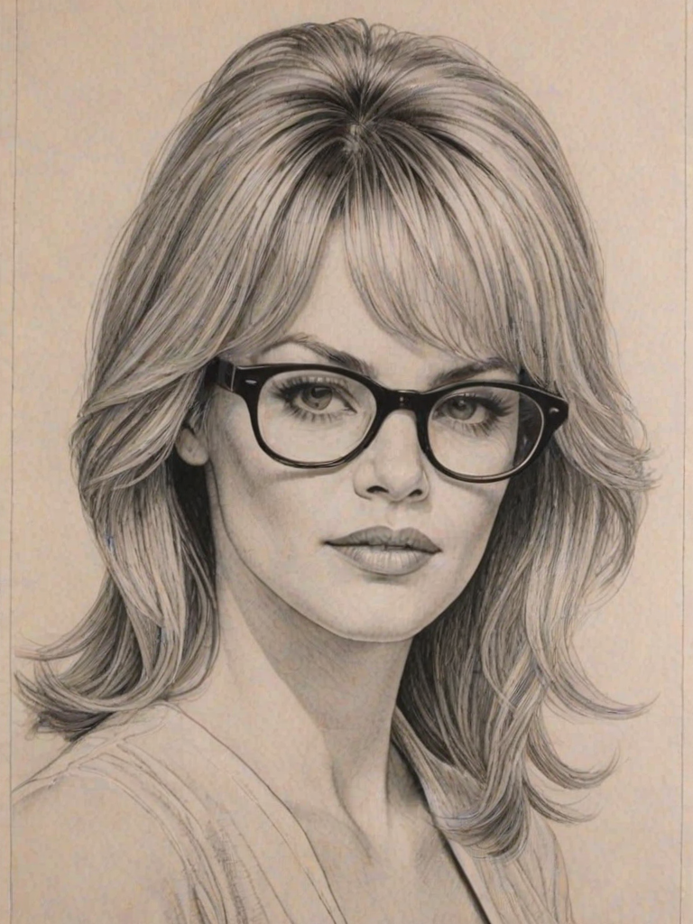 Enchanting Melanie Griffith, pencil sketch, portrait of Delightful woman 1966s in glasses, hair style beatnik, outline, clear lines, fine lines, 8k