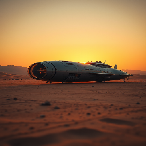 futuristic spaceship stranded on a desert landscape at sunset, high-resolution, DSLR camera, 50mm lens, f/2.8 aperture, ISO 100, low angle view, soft lighting for enhanced detail and contrast